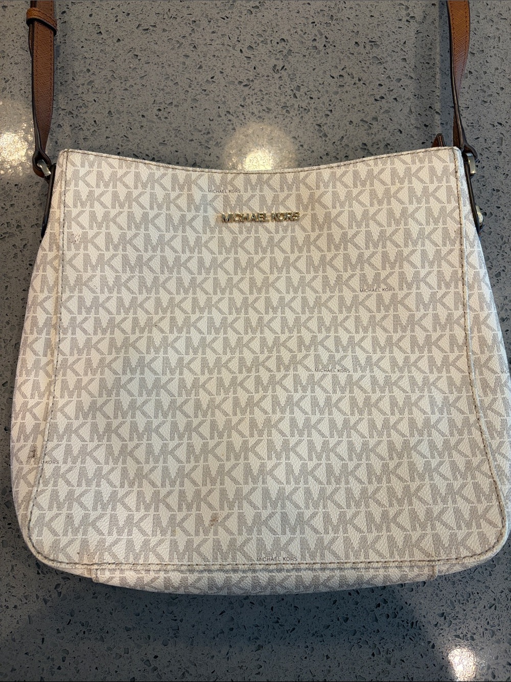 Michael Kors Cream and Tan MK Logo Crossbody Bag